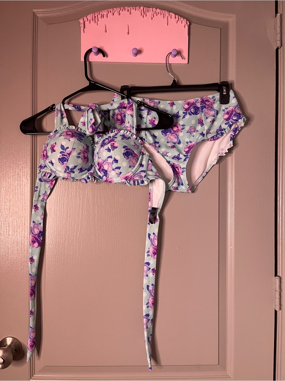 Floral Ruffled Bikini Top & Bottom Set in Light Blue and Purple